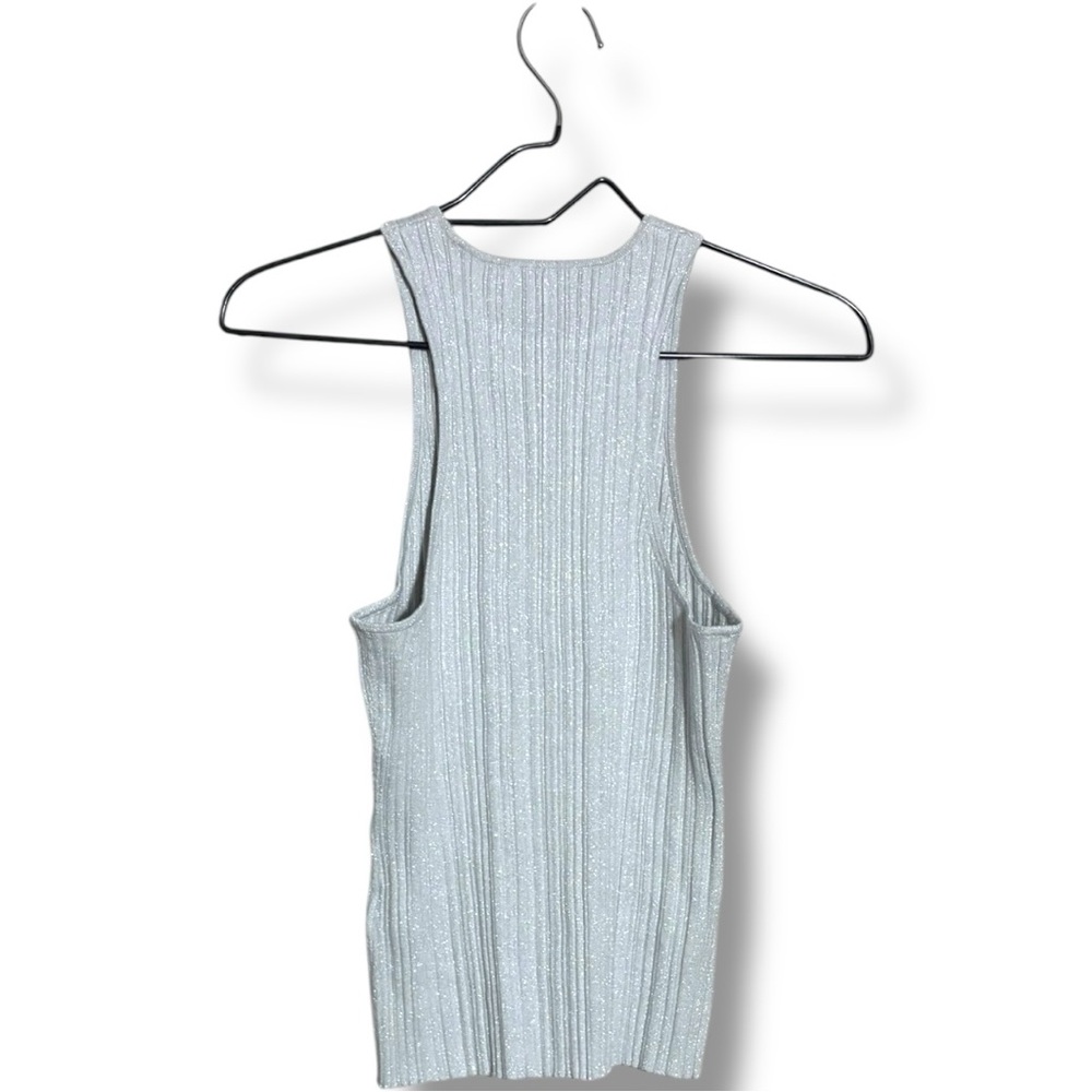 Madewell Blue/Silver Shiny Fitted Sleeveless Ribbed High Neck Racerback Tank Top - Picture 16 of 16
